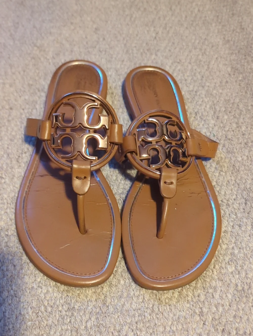 Women's Tory Burch Metal Miller Sandals Size 8 Walnut/Gold